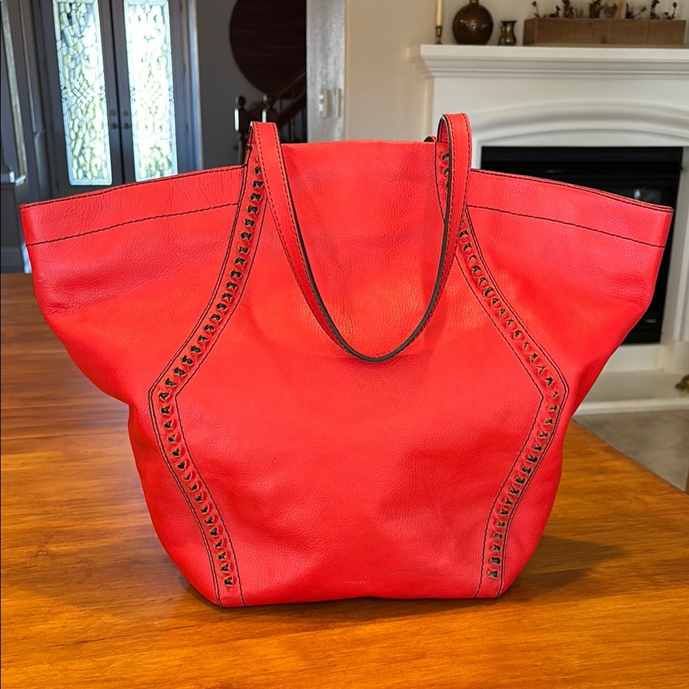 ORYANY Red Pebbled Leather Tote Bag Oversized Black Stud Bohemian Magnetic Close